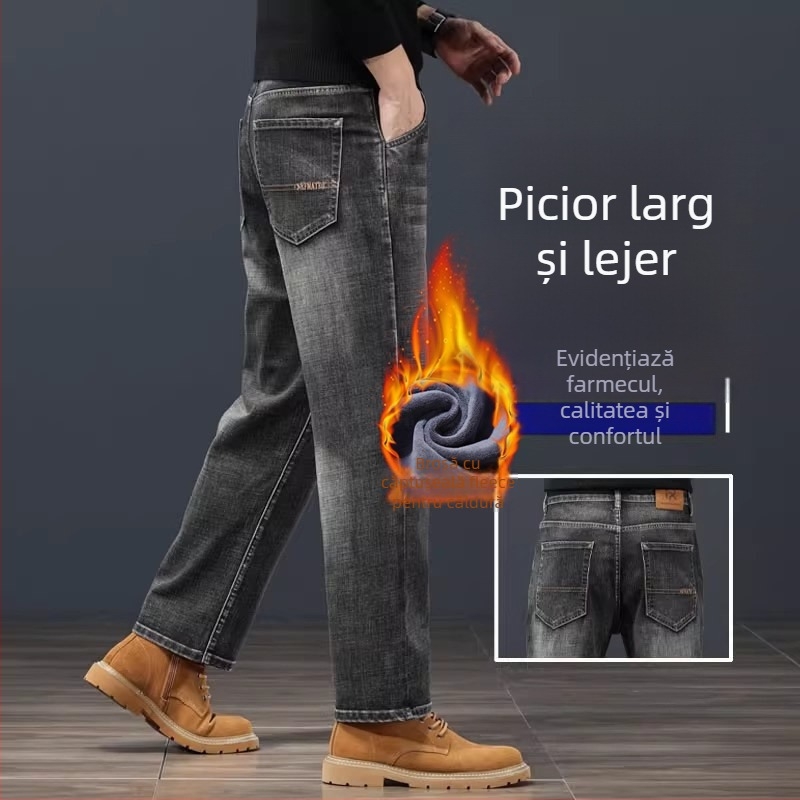 Blugi bărbătești în croială dreaptă, talie medie, închidere cu fermoar, căptușeală de catifea