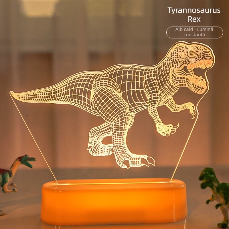Lampa de noapte 3D din acrilic cu dinozaur pentru birou — lampă decorativă cu design animal, baterie încorporată și întrerupător cu buton, tensiune ≤36V