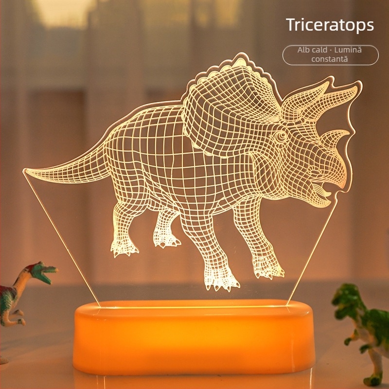 Lampa de noapte 3D din acrilic cu dinozaur pentru birou — lampă decorativă cu design animal, baterie încorporată și întrerupător cu buton, tensiune ≤36V