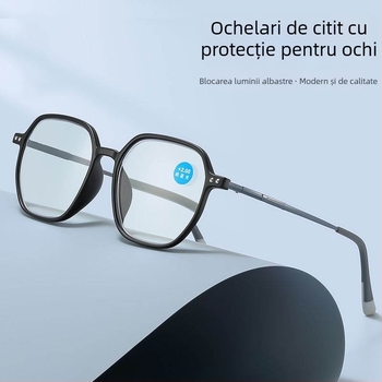 Ochelari de citit, ultra-ușori, ramă mare poligonală, protecție împotriva luminii albastre, cadru complet, ramă TR+metal