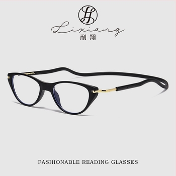 Ochelari de lectură cu lanț de gât, ramă PC, lentile acrilice, protecție împotriva luminii albastre, pliabile și ultra-ușori