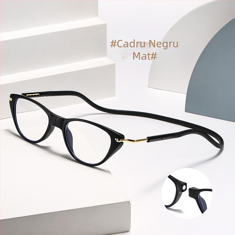 Ochelari de lectură cu lanț de gât, ramă PC, lentile acrilice, protecție împotriva luminii albastre, pliabile și ultra-ușori