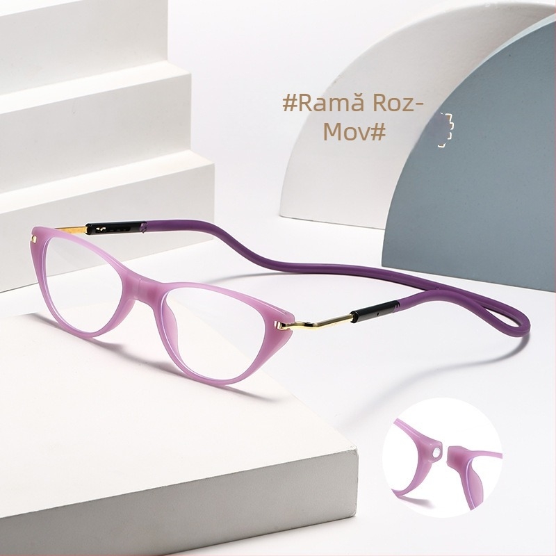 Ochelari de lectură cu lanț de gât, ramă PC, lentile acrilice, protecție împotriva luminii albastre, pliabile și ultra-ușori