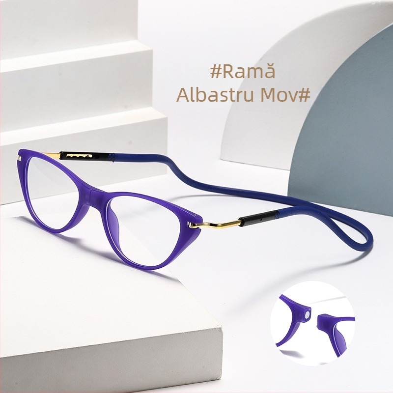 Ochelari de lectură cu lanț de gât, ramă PC, lentile acrilice, protecție împotriva luminii albastre, pliabile și ultra-ușori