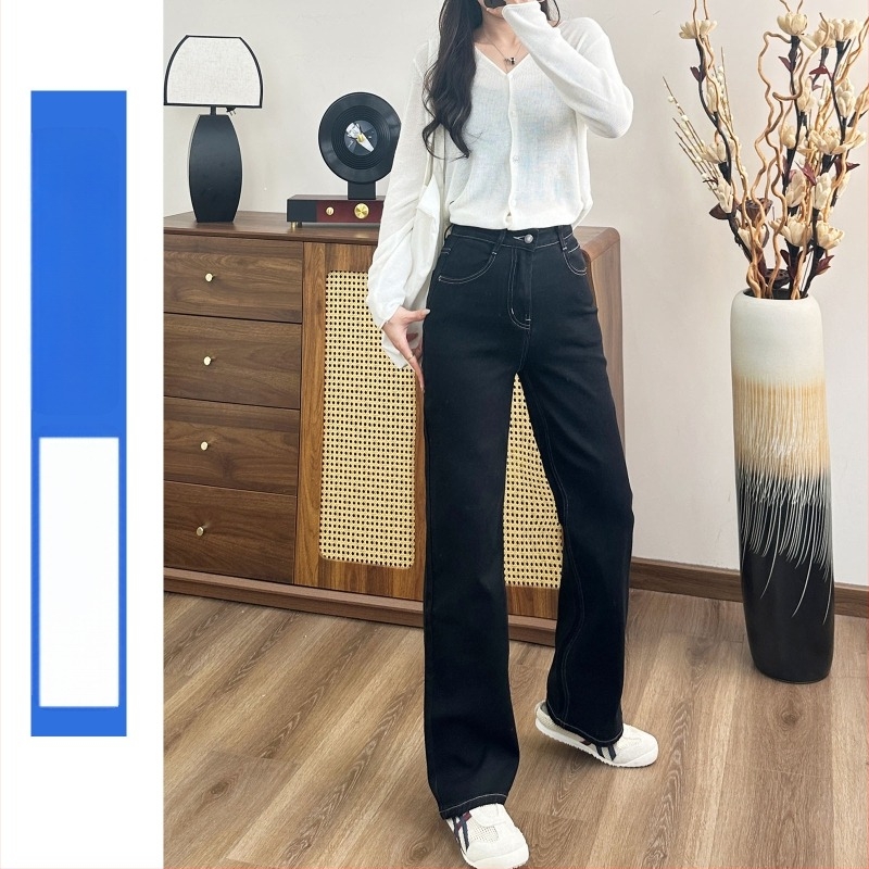 Jeanși cu elastice în patru direcții, croială largă, talie înaltă, denim din bumbac și poliester, țesătură densă