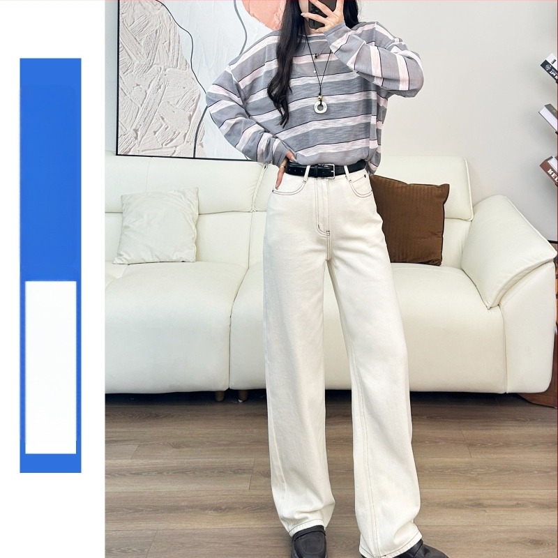 Jeanși cu elastice în patru direcții, croială largă, talie înaltă, denim din bumbac și poliester, țesătură densă