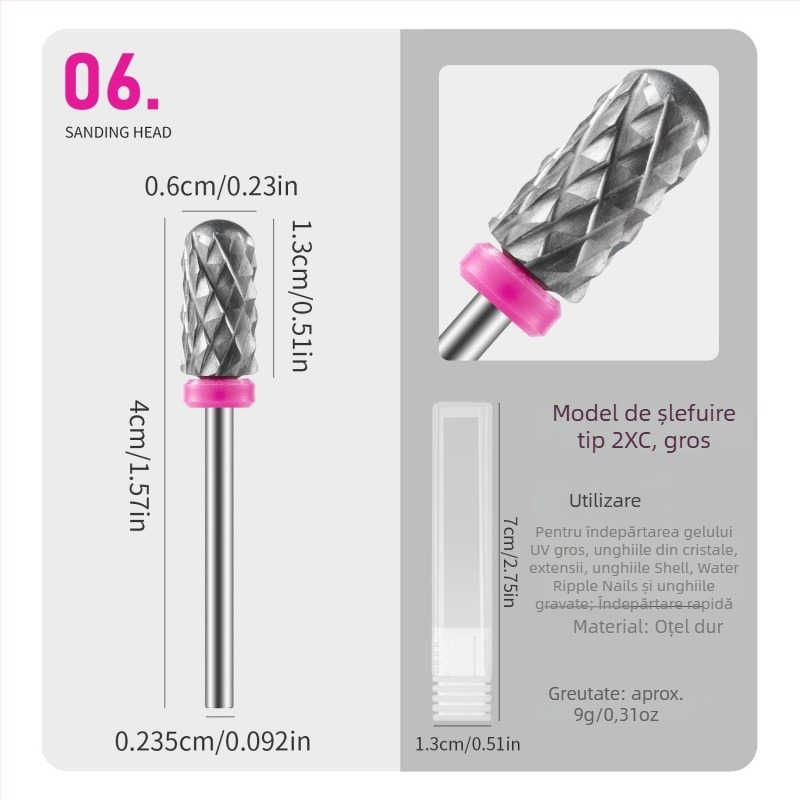 Vârf de pilire pentru unghii, cu cap rotund, oțel wolfram, rezistent la uzură, 16 g, vârf de polisare