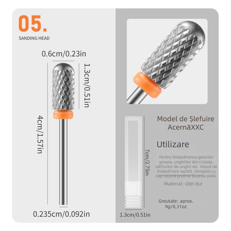 Vârf de pilire pentru unghii, cu cap rotund, oțel wolfram, rezistent la uzură, 16 g, vârf de polisare