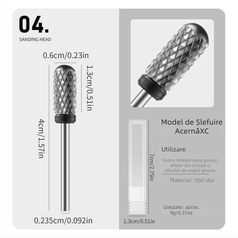 Vârf de pilire pentru unghii, cu cap rotund, oțel wolfram, rezistent la uzură, 16 g, vârf de polisare