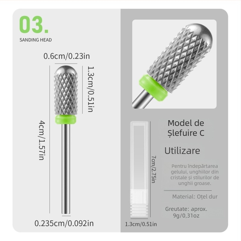 Vârf de pilire pentru unghii, cu cap rotund, oțel wolfram, rezistent la uzură, 16 g, vârf de polisare