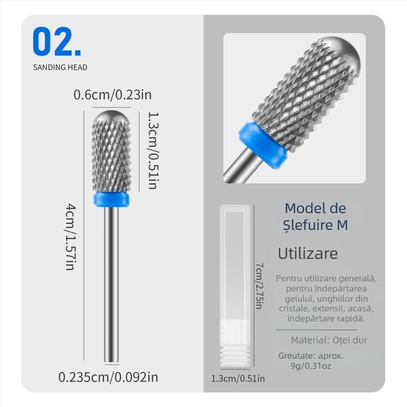 Vârf de pilire pentru unghii, cu cap rotund, oțel wolfram, rezistent la uzură, 16 g, vârf de polisare