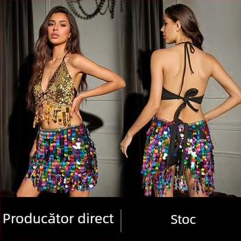Set brâu pentru Belly Dance cu ciucuri și fustă cu paiete – costum de spectacol pentru dans oriental, stil street hipster, poliester 95%+