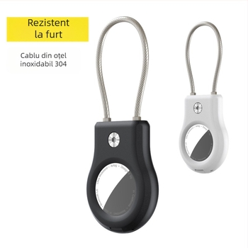 Carcasă de protecție AirTag cu cablu din oțel inoxidabil și pandantiv metalic pentru breloc, compatibilă cu Apple AirTag, materiale: PC + oțel inoxidabil, turnare prin injecție, design simplu