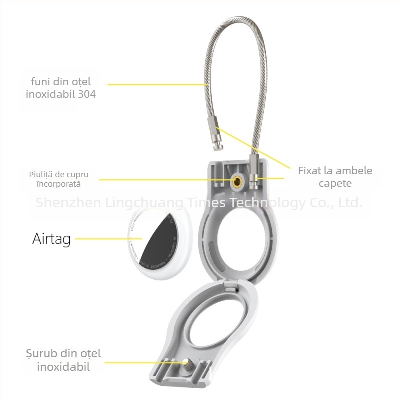 Carcasă de protecție AirTag cu cablu din oțel inoxidabil și pandantiv metalic pentru breloc, compatibilă cu Apple AirTag, materiale: PC + oțel inoxidabil, turnare prin injecție, design simplu