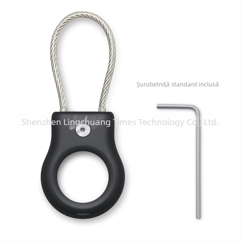 Carcasă de protecție AirTag cu cablu din oțel inoxidabil și pandantiv metalic pentru breloc, compatibilă cu Apple AirTag, materiale: PC + oțel inoxidabil, turnare prin injecție, design simplu