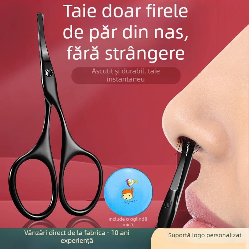 Trimmer pentru păr nasal cu cap rotund – set manual cu foarfece mici și clește de unghii, oțel inoxidabil