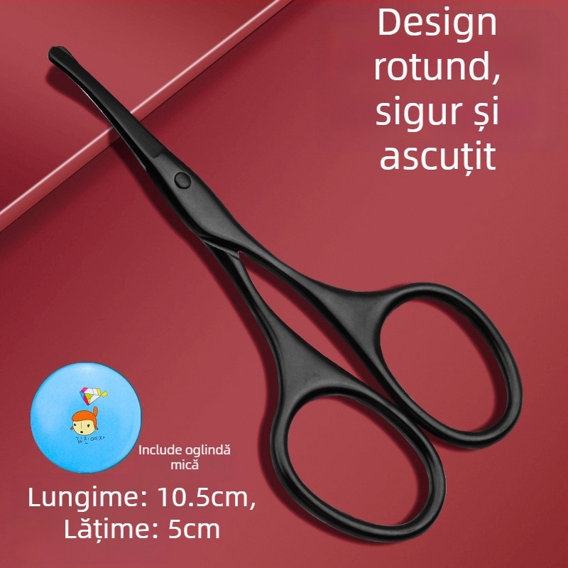 Trimmer pentru păr nasal cu cap rotund – set manual cu foarfece mici și clește de unghii, oțel inoxidabil