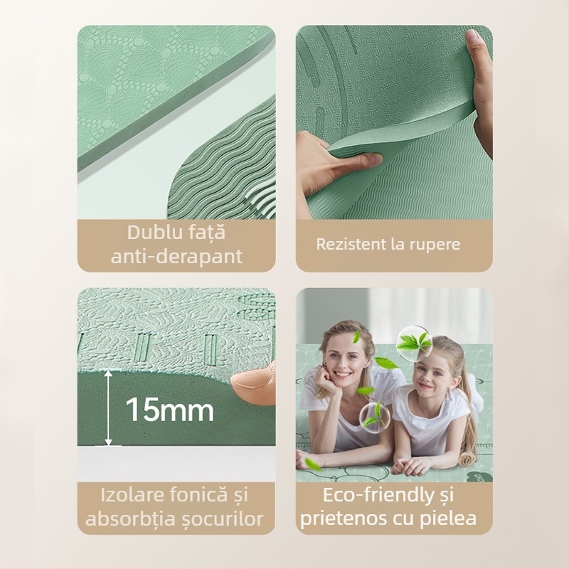 Covoraș de yoga dublu, material TPE, grosime 8 mm, 3,2 kg greutate, anti-derapant și silențios, absorbție la șocuri, imprimeu cu flori