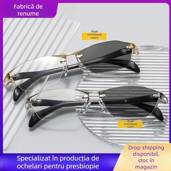 Ochelari de citit fără ramă, cu lentile ce își schimbă culoarea, anti-lumină albastră, lentile PC, ramă din aliaj aluminiu-magneziu și rășină