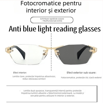 Ochelari de citit fără ramă, cu lentile ce își schimbă culoarea, anti-lumină albastră, lentile PC, ramă din aliaj aluminiu-magneziu și rășină