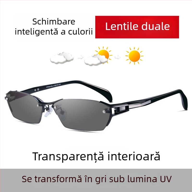 Ochelari de citit fără ramă, cu lentile ce își schimbă culoarea, anti-lumină albastră, lentile PC, ramă din aliaj aluminiu-magneziu și rășină