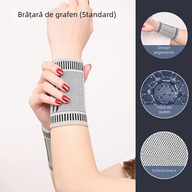 Bratara de încheietură cu autoîncălzire din grafen, universal pentru sporturi; materiale: fibre de grafenă/fibre de latex/nylon; sporturi: fotbal, baschet, volei, tenis, badminton, tenis de masă; partea protejată: încheietura