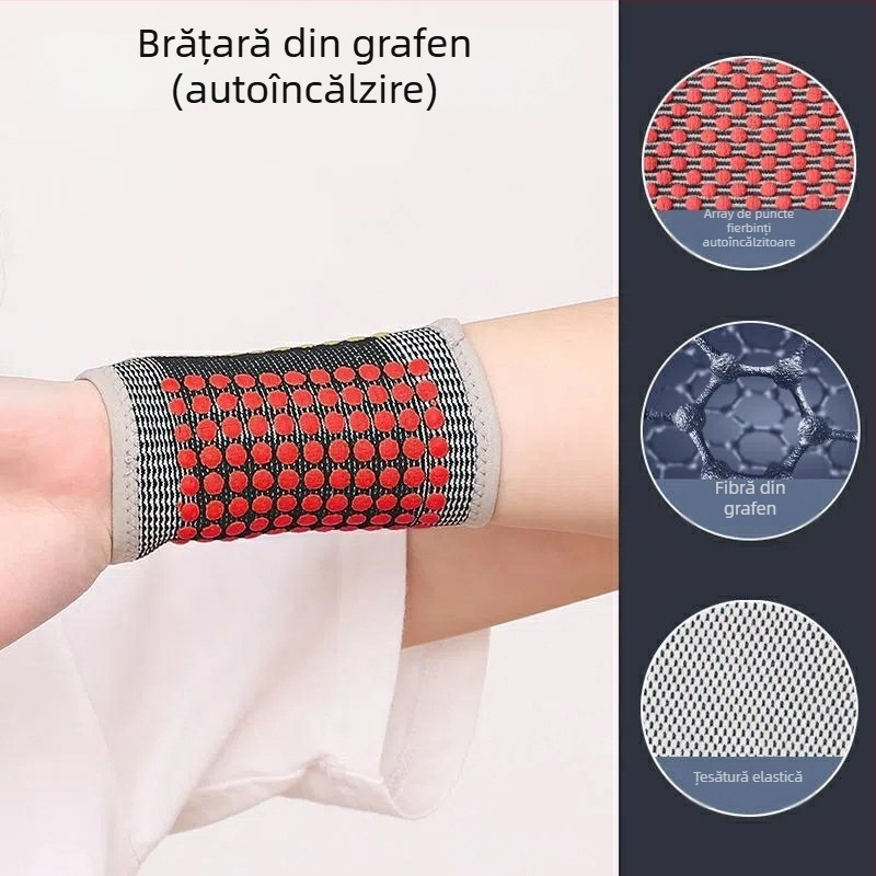 Bratara de încheietură cu autoîncălzire din grafen, universal pentru sporturi; materiale: fibre de grafenă/fibre de latex/nylon; sporturi: fotbal, baschet, volei, tenis, badminton, tenis de masă; partea protejată: încheietura