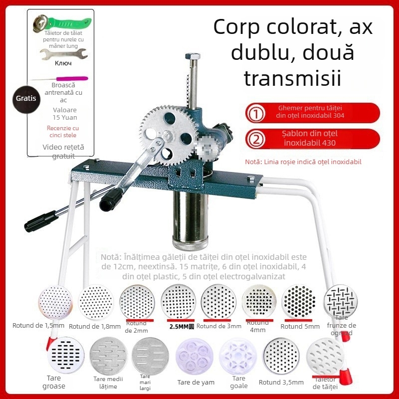Mașină de făcut tăiței din oțel inoxidabil, manuală, cu 7 matrițe, pentru uz casnic și comercial