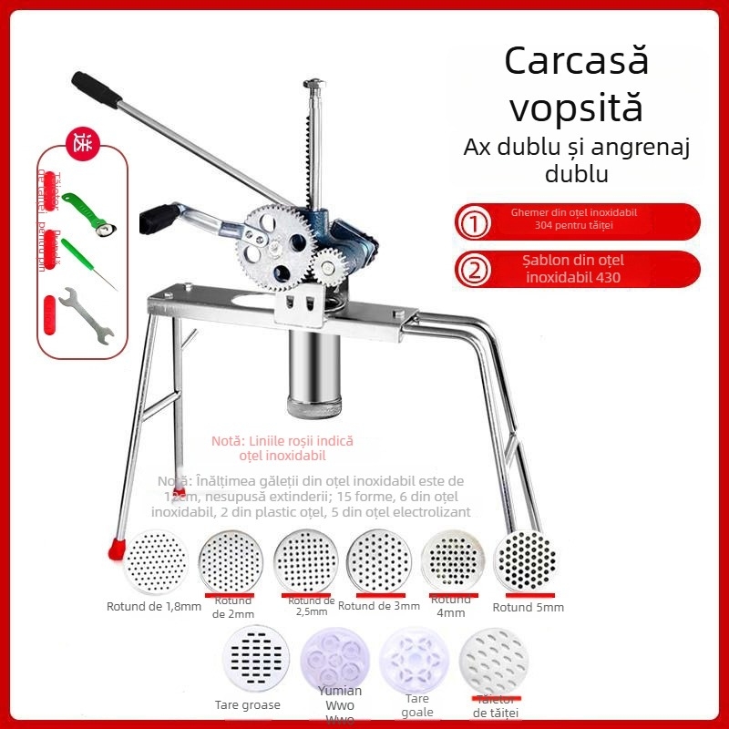 Mașină de făcut tăiței din oțel inoxidabil, manuală, cu 7 matrițe, pentru uz casnic și comercial
