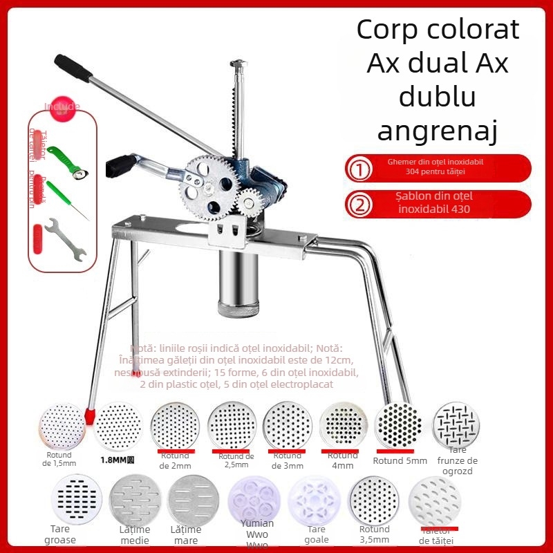 Mașină de făcut tăiței din oțel inoxidabil, manuală, cu 7 matrițe, pentru uz casnic și comercial