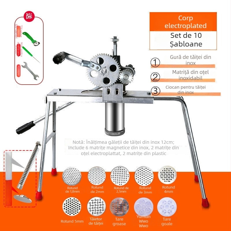 Mașină de făcut tăiței din oțel inoxidabil, manuală, cu 7 matrițe, pentru uz casnic și comercial