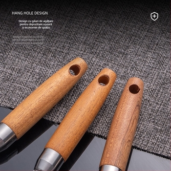 Set de ustensile de bucătărie din oțel inoxidabil 304, cu mâner din lemn – include formator pentru bile de fructe, suport pentru tavă, decupator de sâmburi, cuțit pentru creveți, cuțit de decojit, deschizător de sticle