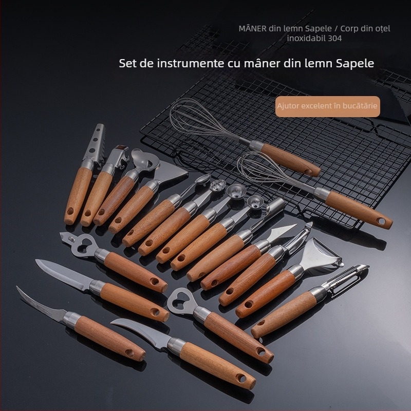 Set de ustensile de bucătărie din oțel inoxidabil 304, cu mâner din lemn – include formator pentru bile de fructe, suport pentru tavă, decupator de sâmburi, cuțit pentru creveți, cuțit de decojit, deschizător de sticle