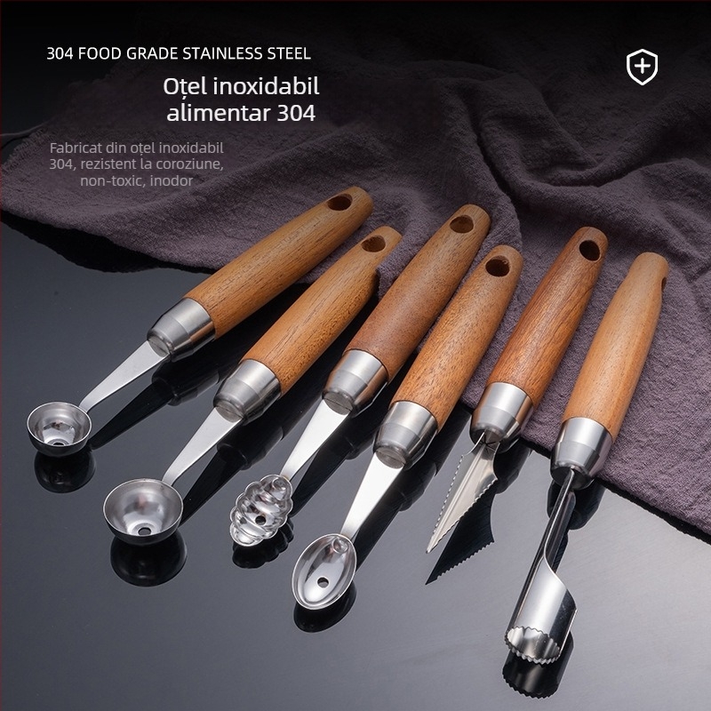 Set de ustensile de bucătărie din oțel inoxidabil 304, cu mâner din lemn – include formator pentru bile de fructe, suport pentru tavă, decupator de sâmburi, cuțit pentru creveți, cuțit de decojit, deschizător de sticle