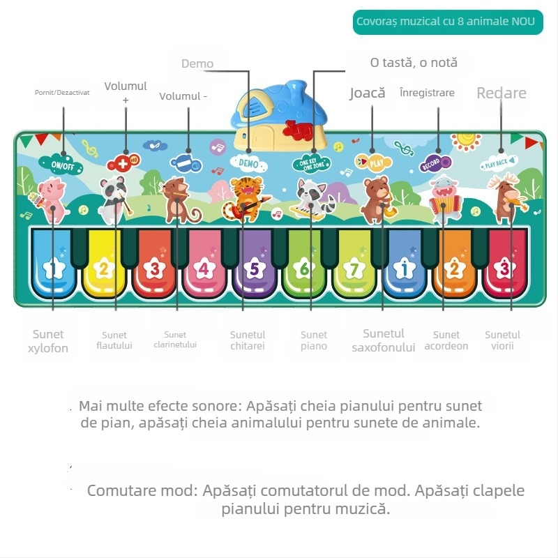 Covoraș de pian cu înregistrare pentru copii – muzică cu animale, pătură interactivă de joacă