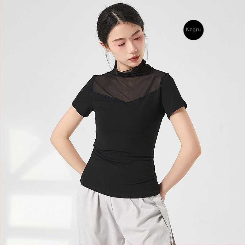 Tricou balet cu mâneci lungi, pentru antrenament, plasă, guler înalt, croială slim, 95% bumbac