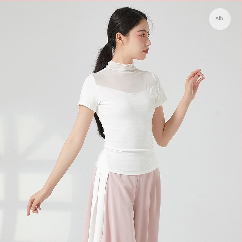 Tricou balet cu mâneci lungi, pentru antrenament, plasă, guler înalt, croială slim, 95% bumbac