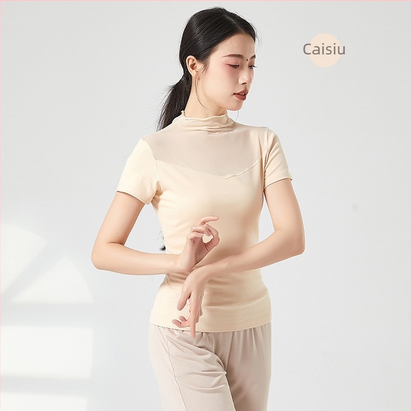 Tricou balet cu mâneci lungi, pentru antrenament, plasă, guler înalt, croială slim, 95% bumbac