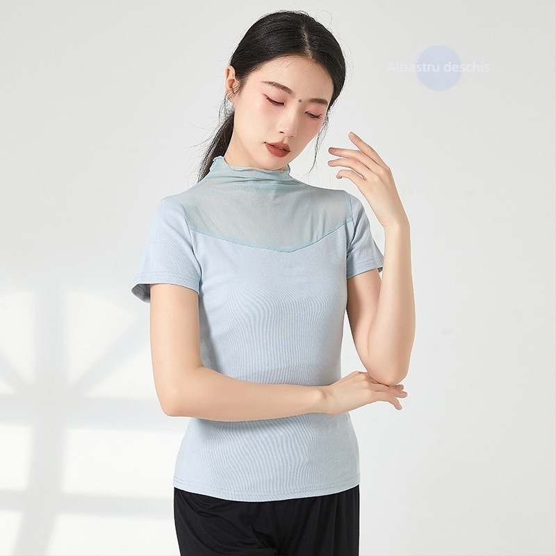 Tricou balet cu mâneci lungi, pentru antrenament, plasă, guler înalt, croială slim, 95% bumbac