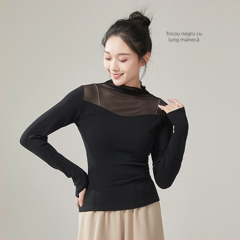Tricou balet cu mâneci lungi, pentru antrenament, plasă, guler înalt, croială slim, 95% bumbac
