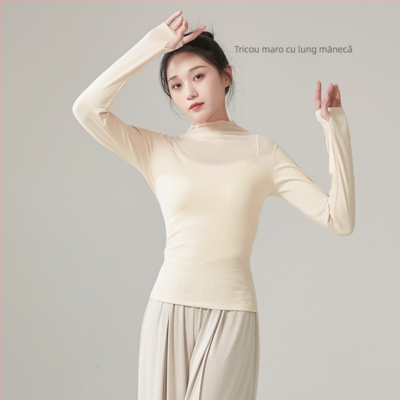 Tricou balet cu mâneci lungi, pentru antrenament, plasă, guler înalt, croială slim, 95% bumbac