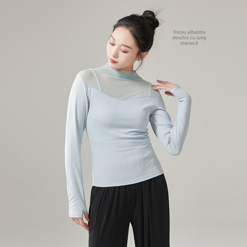 Tricou balet cu mâneci lungi, pentru antrenament, plasă, guler înalt, croială slim, 95% bumbac