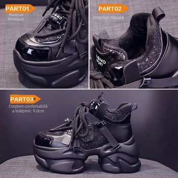 Adidași femei în stil dad sneakers, partea superioară din raffia, căptușeală din pluș artificial, talpă din cauciuc, model color-block, șireturi, talpă rocking, iarna 2023