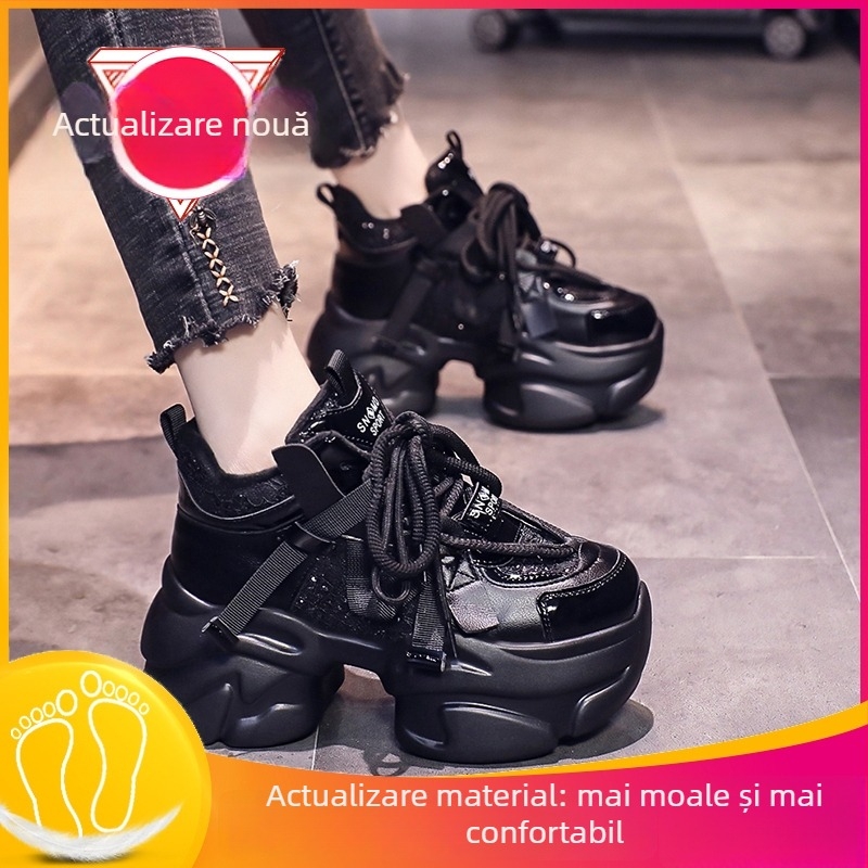 Adidași femei în stil dad sneakers, partea superioară din raffia, căptușeală din pluș artificial, talpă din cauciuc, model color-block, șireturi, talpă rocking, iarna 2023