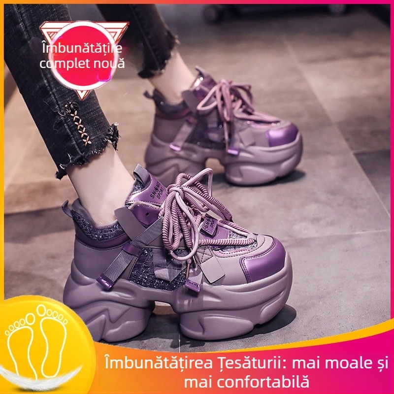 Adidași femei în stil dad sneakers, partea superioară din raffia, căptușeală din pluș artificial, talpă din cauciuc, model color-block, șireturi, talpă rocking, iarna 2023