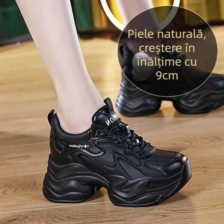 Pantofi sport damă cu piele split, căptuțiți cu fleece, talpă din cauciuc și branț cu creștere înălțime