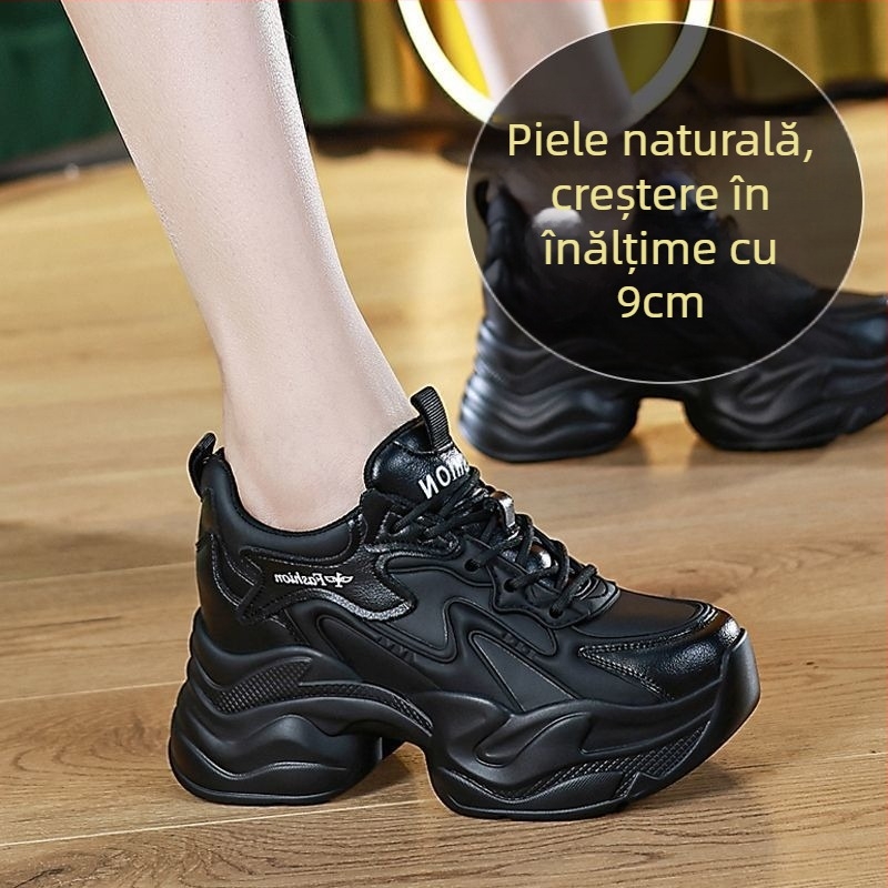 Pantofi sport damă cu piele split, căptuțiți cu fleece, talpă din cauciuc și branț cu creștere înălțime