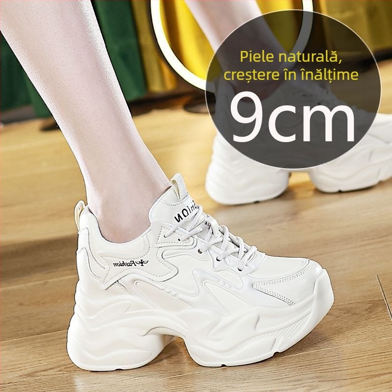 Pantofi sport damă cu piele split, căptuțiți cu fleece, talpă din cauciuc și branț cu creștere înălțime