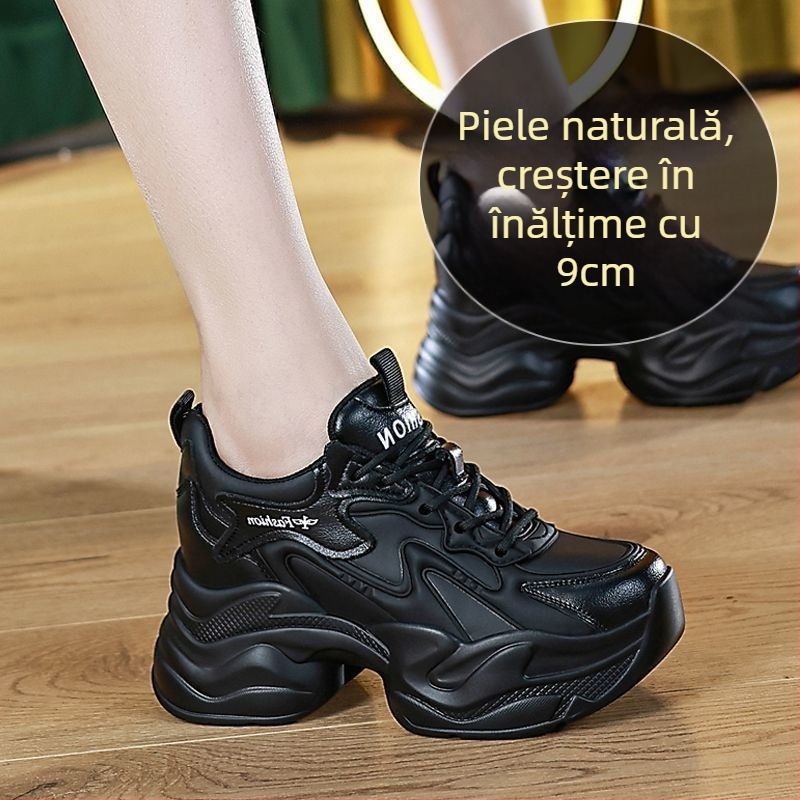 Pantofi sport damă cu piele split, căptuțiți cu fleece, talpă din cauciuc și branț cu creștere înălțime