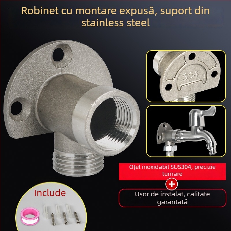 Bază de montaj pentru robinet din oțel inoxidabil 304, filetare interne și externe de 1/2 inch, suport de perete și adaptor cot